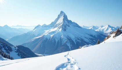 A solitary mountain peak rising from a snowy landscape, snow, serenity