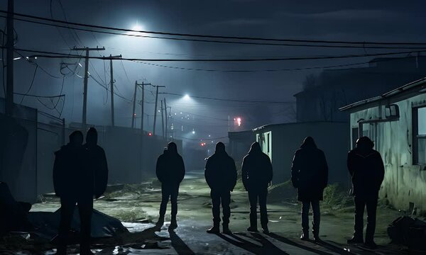 Nighttime urban alleyway, hooded figures, dimly lit street, ominous atmosphere, crime thriller scene