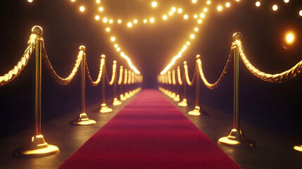 Glamorous red carpet event entrance with glowing string lights, luxurious VIP gala night setting, elegant award ceremony ambiance with golden rope barriers and stylish decor