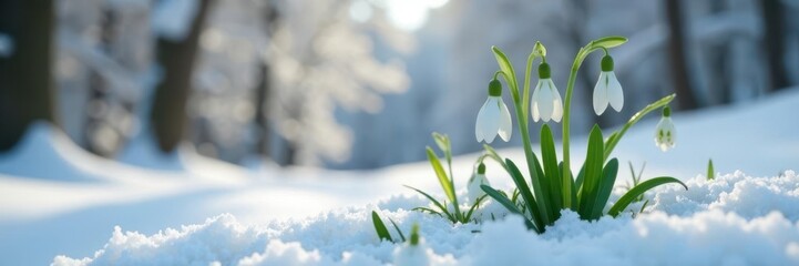 Snowdrop stems and leaves emerge from the snowy landscape, winter wonderland, natural world, peaceful atmosphere