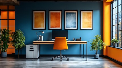Fototapeta premium 3D spacious home office with a clean desk, ergonomic chair, and natural lighting