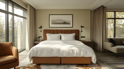 3D high-end hotel suite with minimal decor, soft textures, and an airy atmosphere