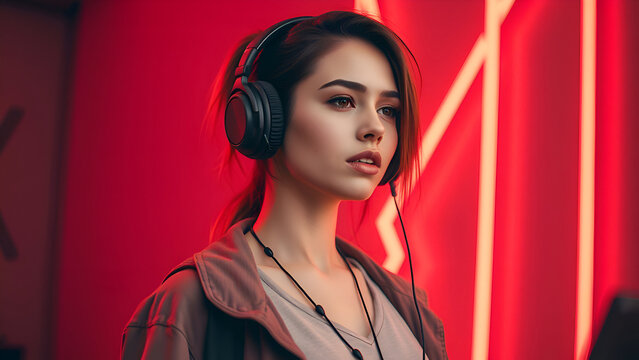 Young Woman Wearing Headphones in a Neon-Lit Environment, Young woman with gorgeous lush hair listening to music with headphones