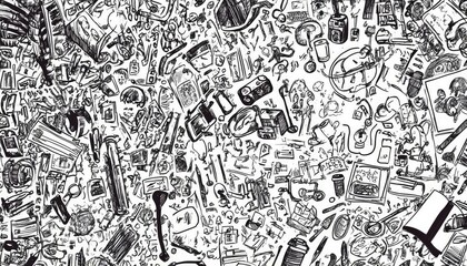 Fototapeta premium Intricate Black and White Illustration of Various Objects and Tools
