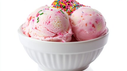 Delightful cotton candy flavored ice cream scoop crowned with colorful rainbow sprinkles in an elegant white bowl