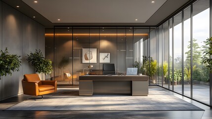 3D boutique office space with a decluttered desk, glass partitions, and sleek furniture