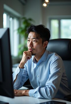 Contemplating Challenges: Japanese Male Professional at Desk with Hand on Chin, Looking Troubled and Reflecting on Complex Problems

