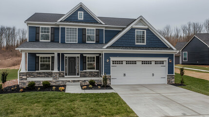 Modern Two Story Blue House with Stone Accents