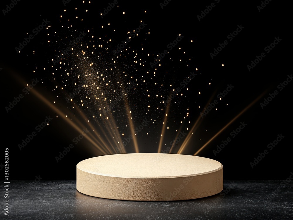 Poster elegant round platform with golden sparkles and light rays on a dark background