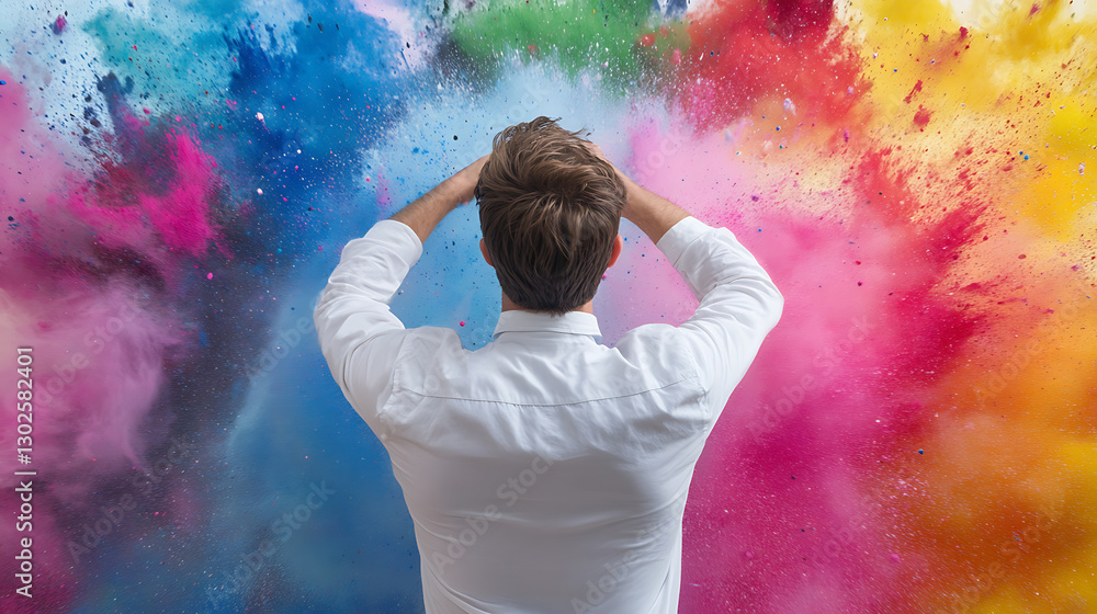Poster creative color explosion art studio visual art bright environment back view expression of imaginatio