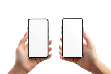 Bezel Less Smartphones with Blank Screens in Male and Female Hands Isolated on White Background