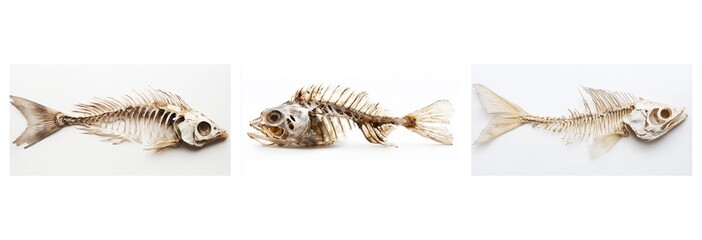 Fish Skeletons Arranged in a Row on a White Background