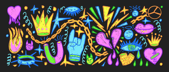 Rock neon paint set. Punk breaking heart drama doodle background. Scribble grunge hand drawn poster elements. Devil horns, fire and crown. Vector highlight marker urban street edgy wall illustration.