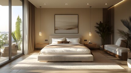 3D stylish bedroom featuring a neutral color palette with subtle textured accents and sleek furniture