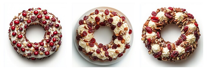 Cranberry Wreath Cakes with Various Toppings on white Background
