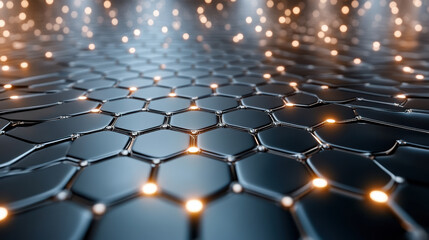 Obraz premium conceptual image of glowing quantum dots on hexagonal surface