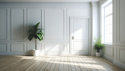 An empty white room with a wooden floor and a potted plant.