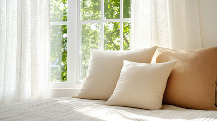 Cozy bedroom corner with soft pillows and natural light streaming in