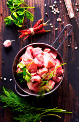 bowl of raw meat on wooden table,