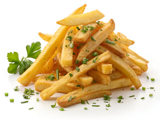 A pile of crispy golden potato fries, isolated on a clean white background, perfect for fast food branding and stock photography.