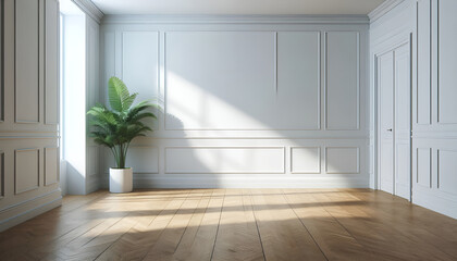 Obraz premium An empty white room with a wooden floor and a potted plant.