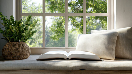 cozy window seat with book and plant, perfect for reading