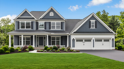 Grey and White Two Story House with Landscaping