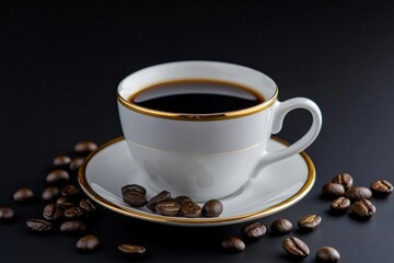 Elegant Coffee Cup with Black Coffee and Coffee Beans on Dark Background