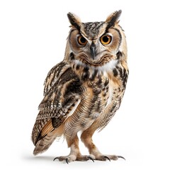 Obraz premium Majestic Owl with Striking Features and Vibrant Eyes on White Background