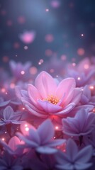 Fototapeta premium Ethereal Cosmic Garden: Surreal Pink and Lavender Orbs Floating Amidst Twilight Blues and Muted Lilac, with Iridescent Dust and Soft Pearlescent Light, Set Against a Field of Distant Stars.