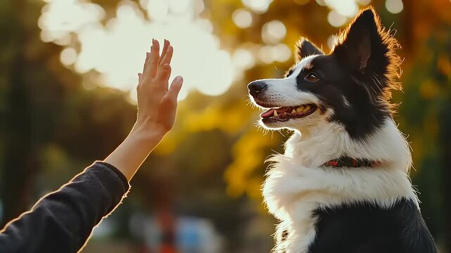 A person training a happy border collie to sit outdoors during sunset, showcasing their bond
