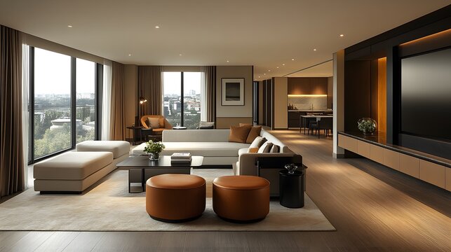 3D luxury hotel suite with an open-plan layout, sleek furnishings, and warm ambient lighting