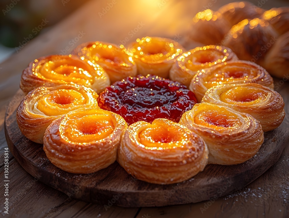 Poster mesmerizing assortment of miniature pastries arranged in captivating circular display with vibrant f