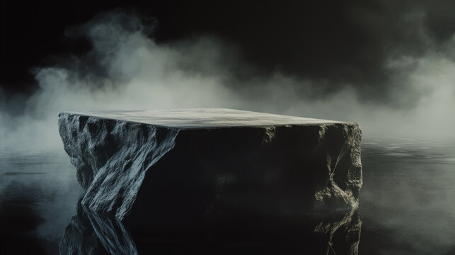 A stone podium with smoke on a dark background