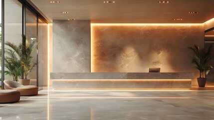 3D sleek hotel lobby with smooth matte metal accents, polished stone surfaces, and soft ambient lighting