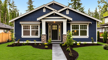 Modern Blue House with White Trim and Stone Accents