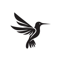 Obraz premium Abstract black and white bird illustration with a silhouette of a hummingbird, crow, and sparrow in flight, featuring wings, beak, and feathers in a simple, cute, and artistic design