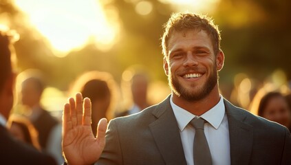 A handsome man in a suit waves goodbye at a sunny outdoor event, conveying farewell and happiness