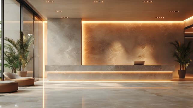 3D sleek hotel lobby with smooth matte metal accents, polished stone surfaces, and soft ambient lighting