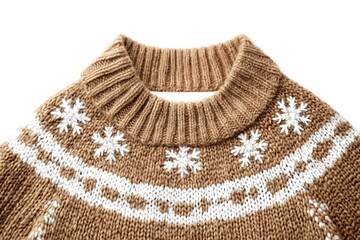 Closeup of a tan sweater neckline with snowflakes, white background