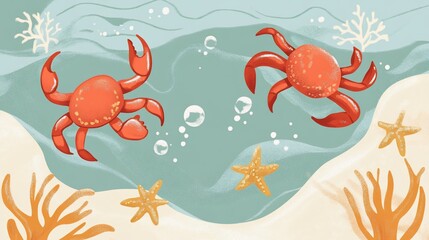 Obraz premium Two red crabs with coral and starfishes under the sea water in a cartoon style illustration