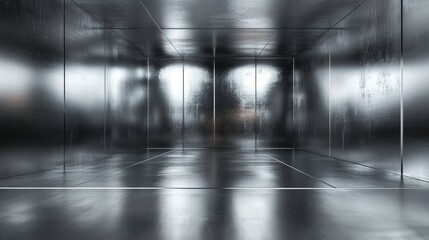Metallic Reflections: Gray Abstract Room with Glossy Floor 