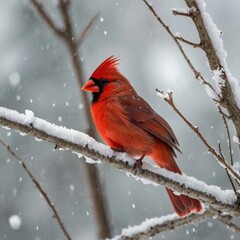 "A red cardinal perched on a snow-covered branch, its vibrant feathers contrasting beautifully with the white background."
