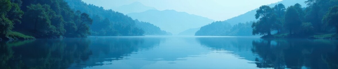 Obraz premium Calm and serene blue water with forest trees reflected, blue, peaceful