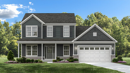 Modern Two Story Gray House with Stone Accents and Lush Landscaping