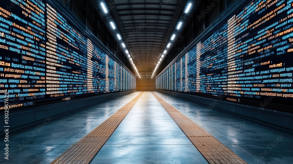 Poster futuristic corridor with glowing digital screens displaying data