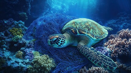 Fototapeta premium A serene underwater scene features a majestic medium-sized green sea turtle resting gracefully on a vibrant coral reef, its large head and long neck creating a striking silhouette amidst the aquatic h