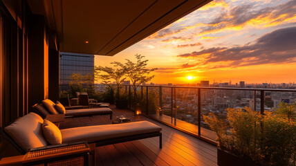 Fototapeta premium 日本の高級ホテルのテラスで夕日を眺める贅沢なひととき