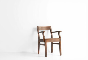 Single, weathered wooden chair sits alone against stark white, element, vintage
