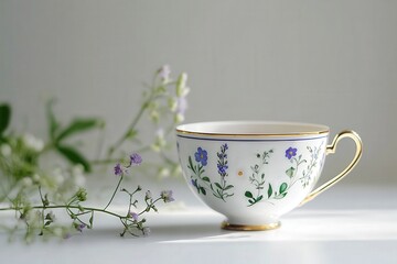 Elegant Floral Teacup with Delicate Design and Soft Natural Light on White Table